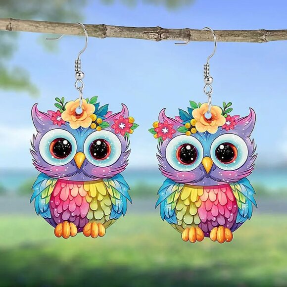 NEW Colorful Cute Owl Owlet Big Eyes Dangle Earrings - Picture 1 of 2